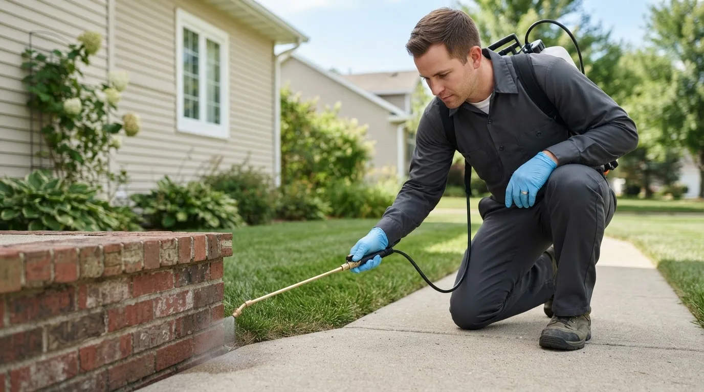 Pest control technician treating a home near Bostwick, GA